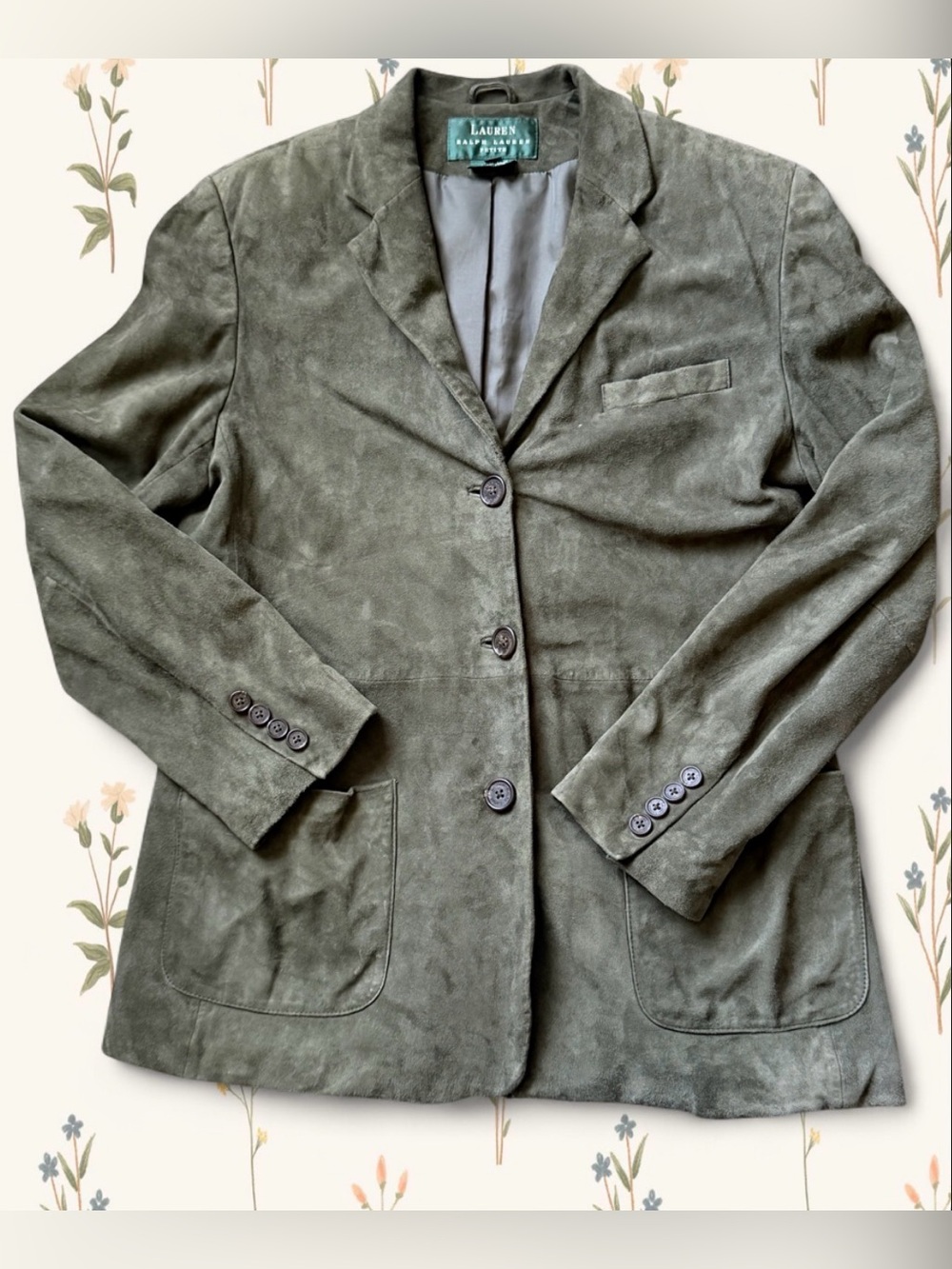 Vintage Suede-Leather Lauren Ralph Lauren Olive Green Blazer Jacket Petite - Med